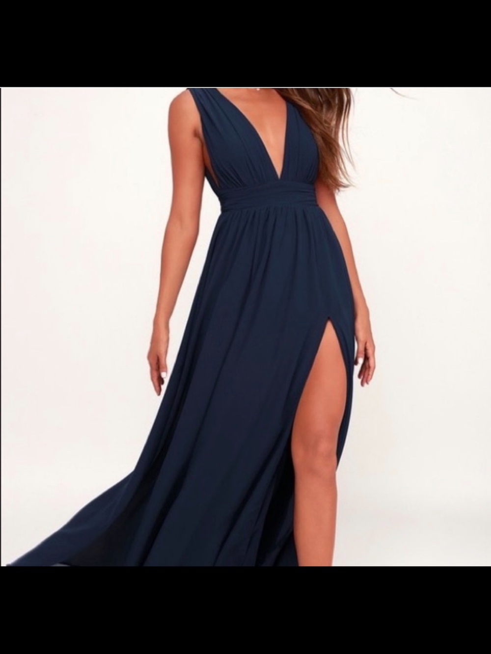 Lulu's Navy Plunge Maxi Dress with Thigh Slit